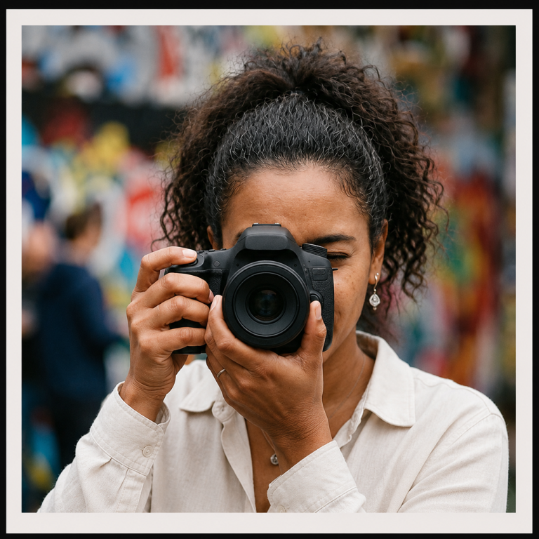 OOYAH-Creative Recap.Junge Person mit einer Kamera in der Hand, vor einer bunten Graffiti-Wand.