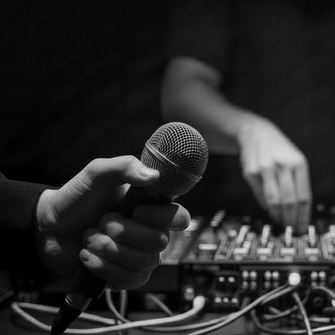 Hände mit Mikrofon und Spraydose über einem DJ-Setup mit Kabeln.